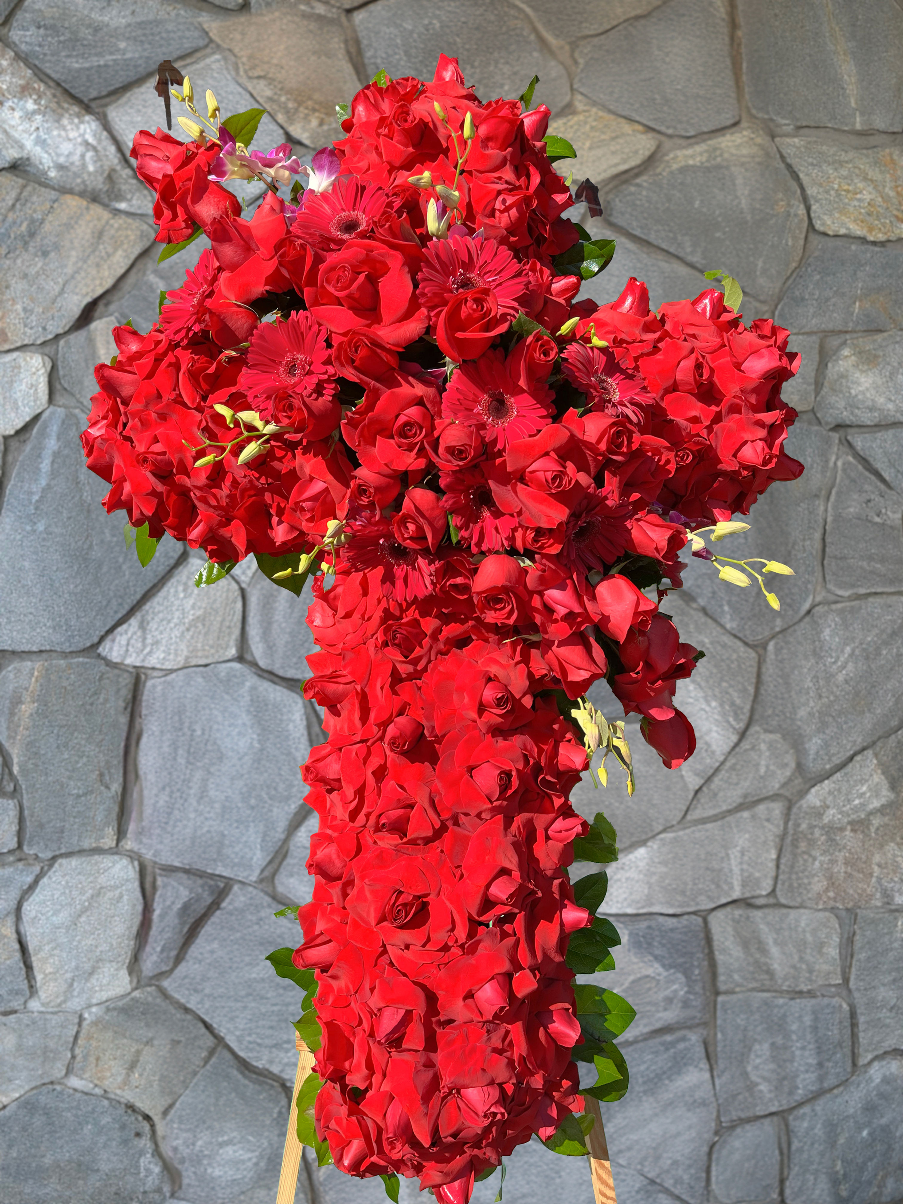Crimson Cross Funeral Floral Arrangement