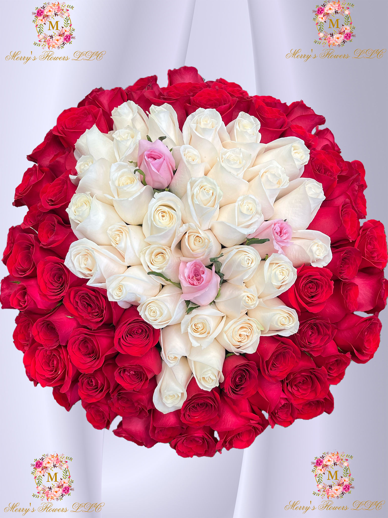 Heartfelt Roses 100 Red, White and Pink Bouquet