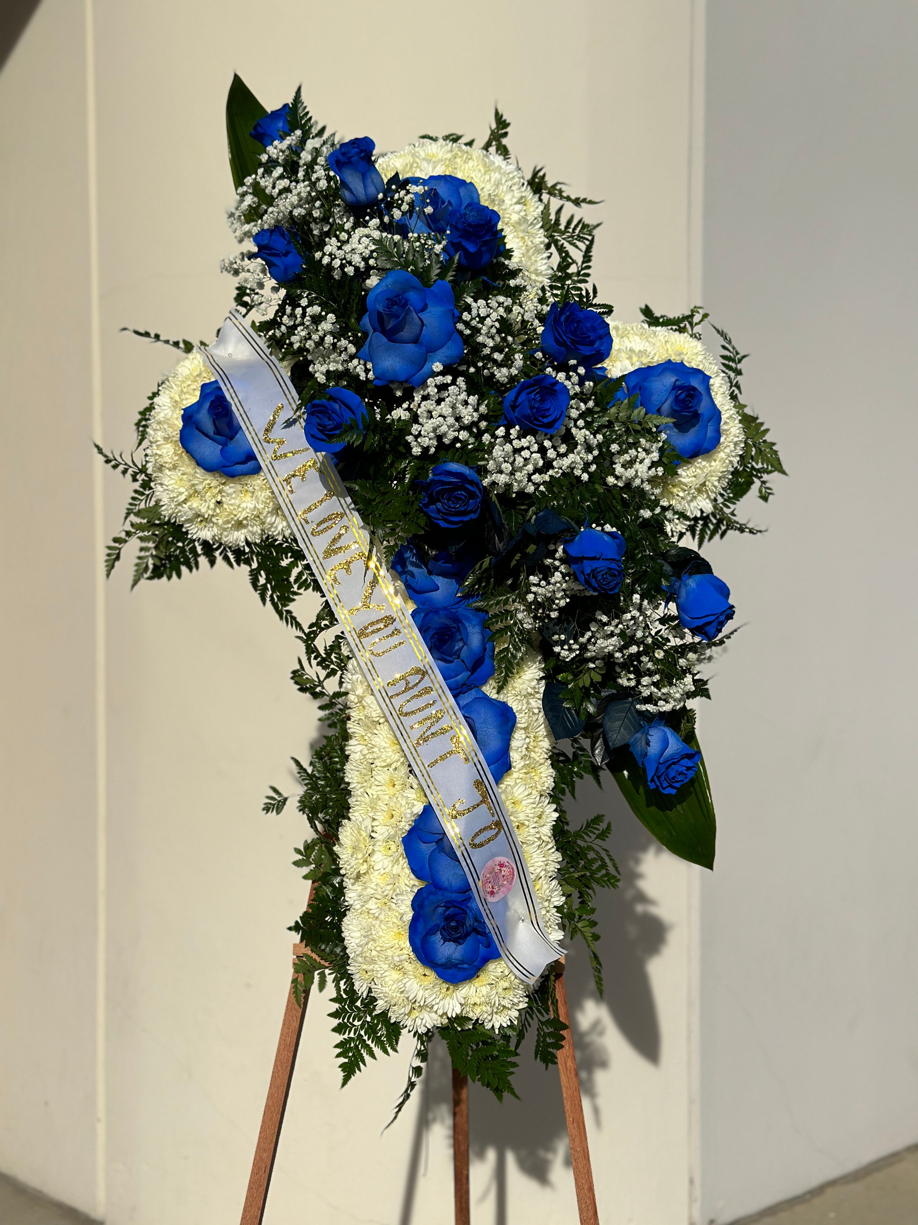 Heavenly Blue Cross - Funeral Floral Arrangement