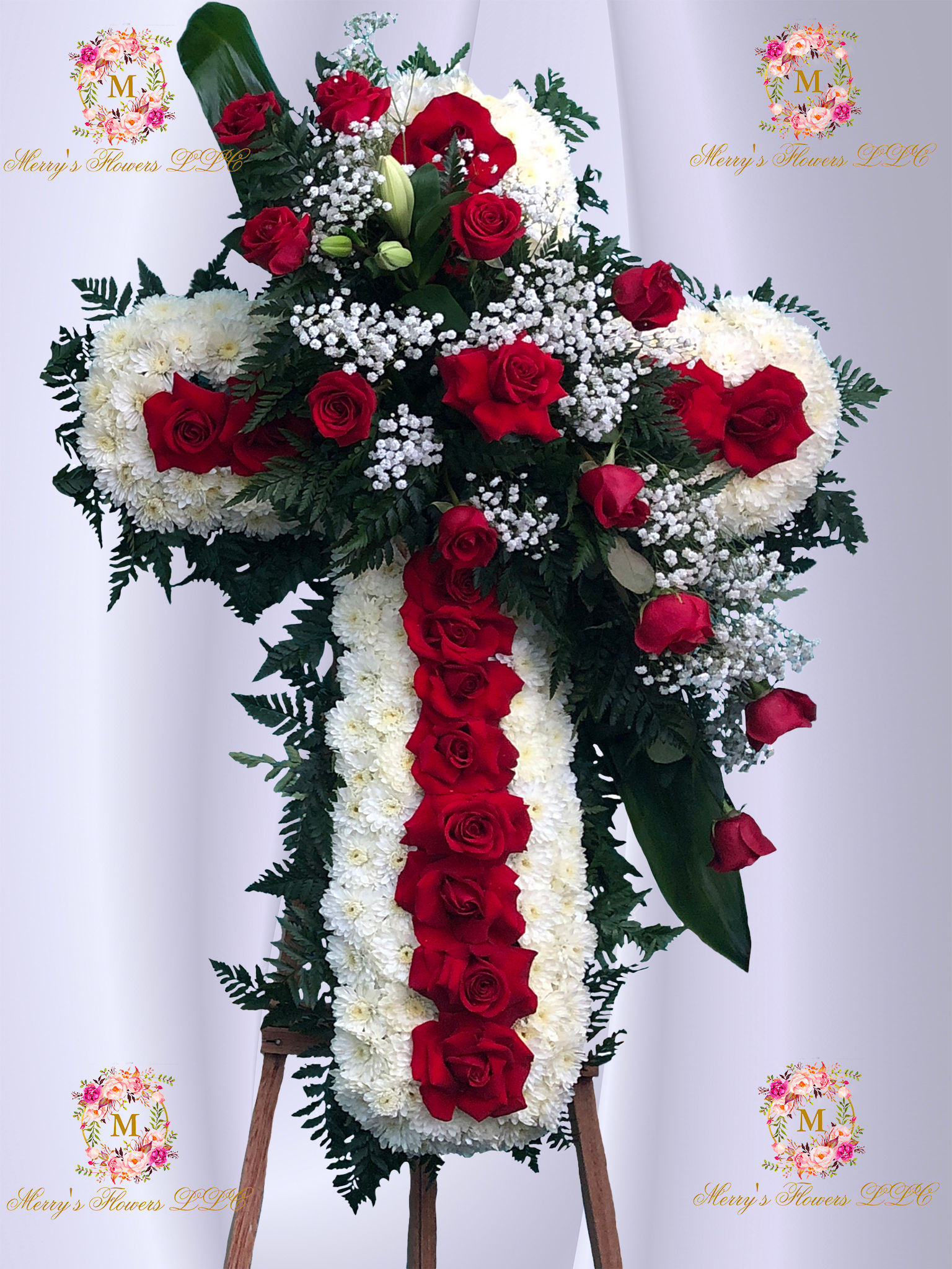 Elegant Red Cross Funeral Floral Arrangement