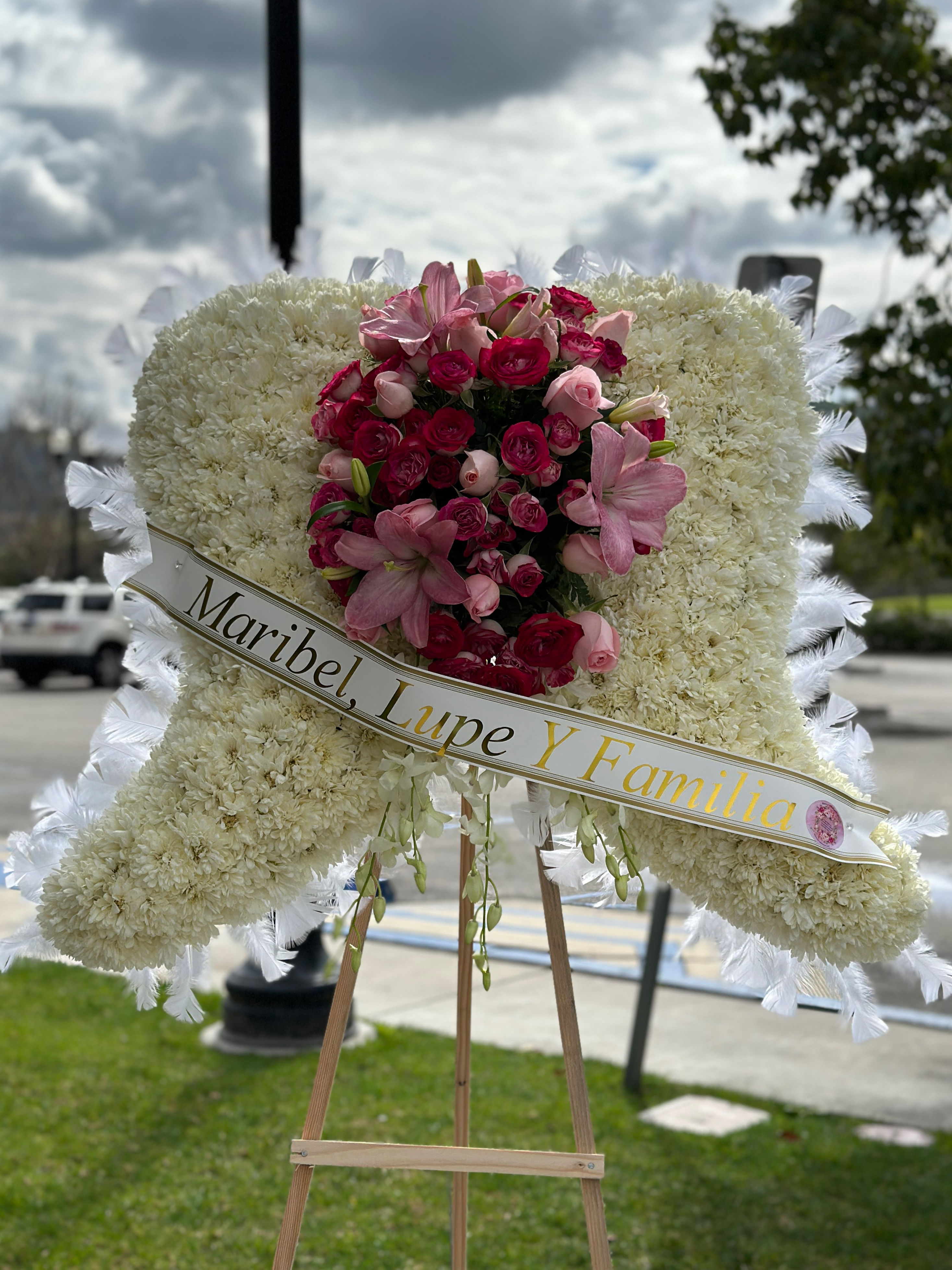 Heavenly Angel Wings Pink Floral Tribute Medium