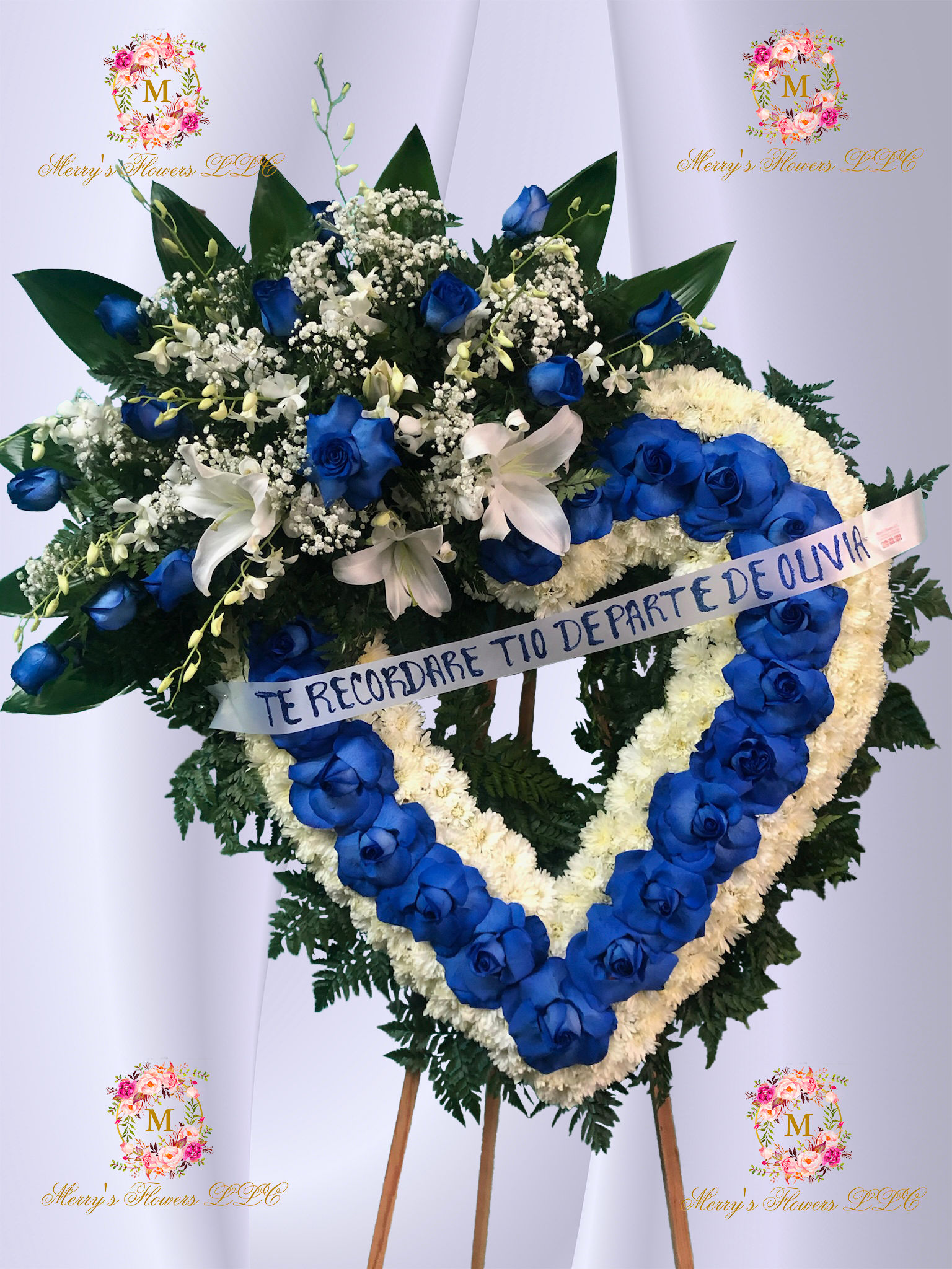 Large Heart Blue Roses, White Orchids & Lillies