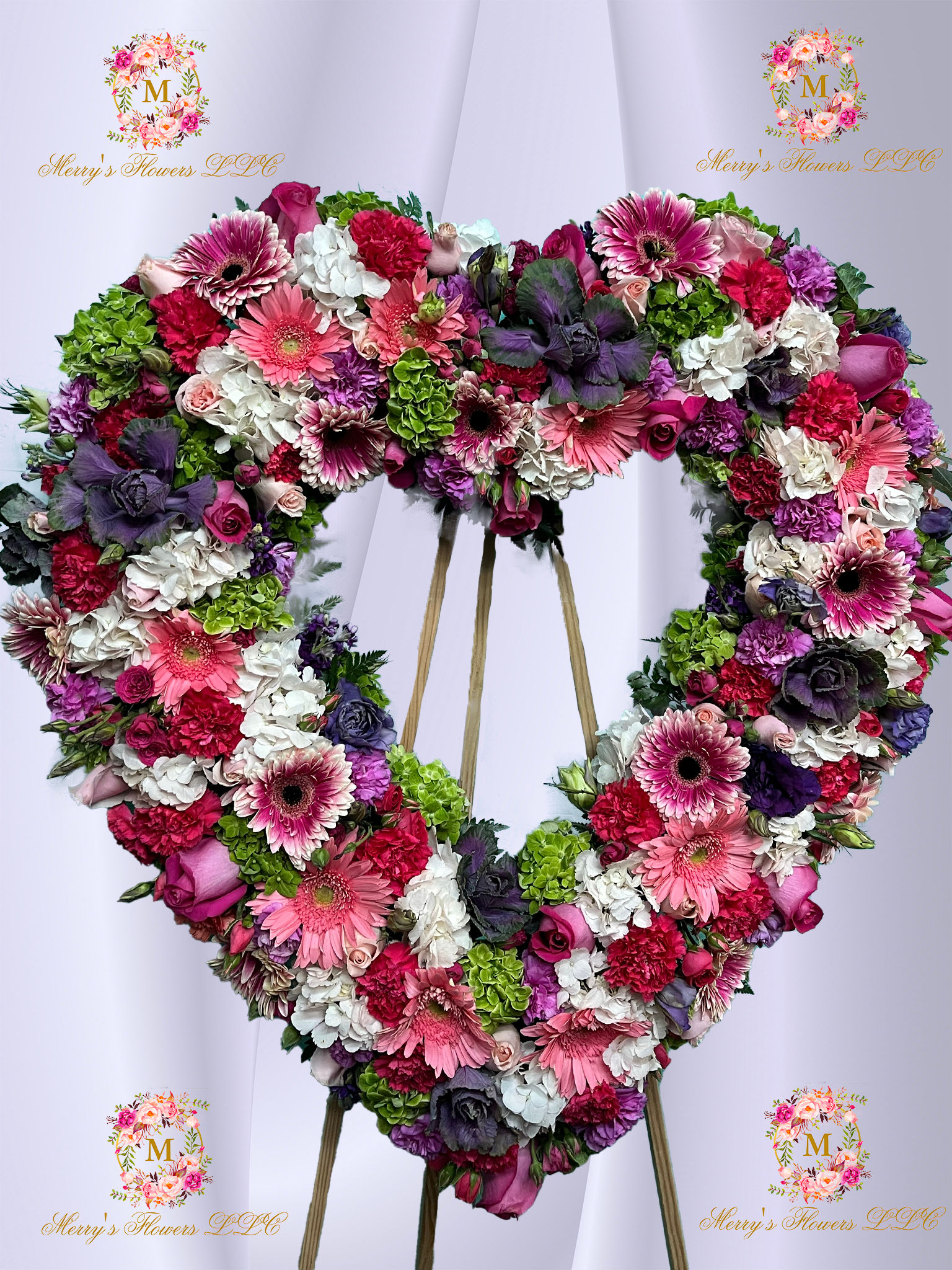 Large Heart Pink & Hot Pink Roses and Carnations, Green & White Hydrange