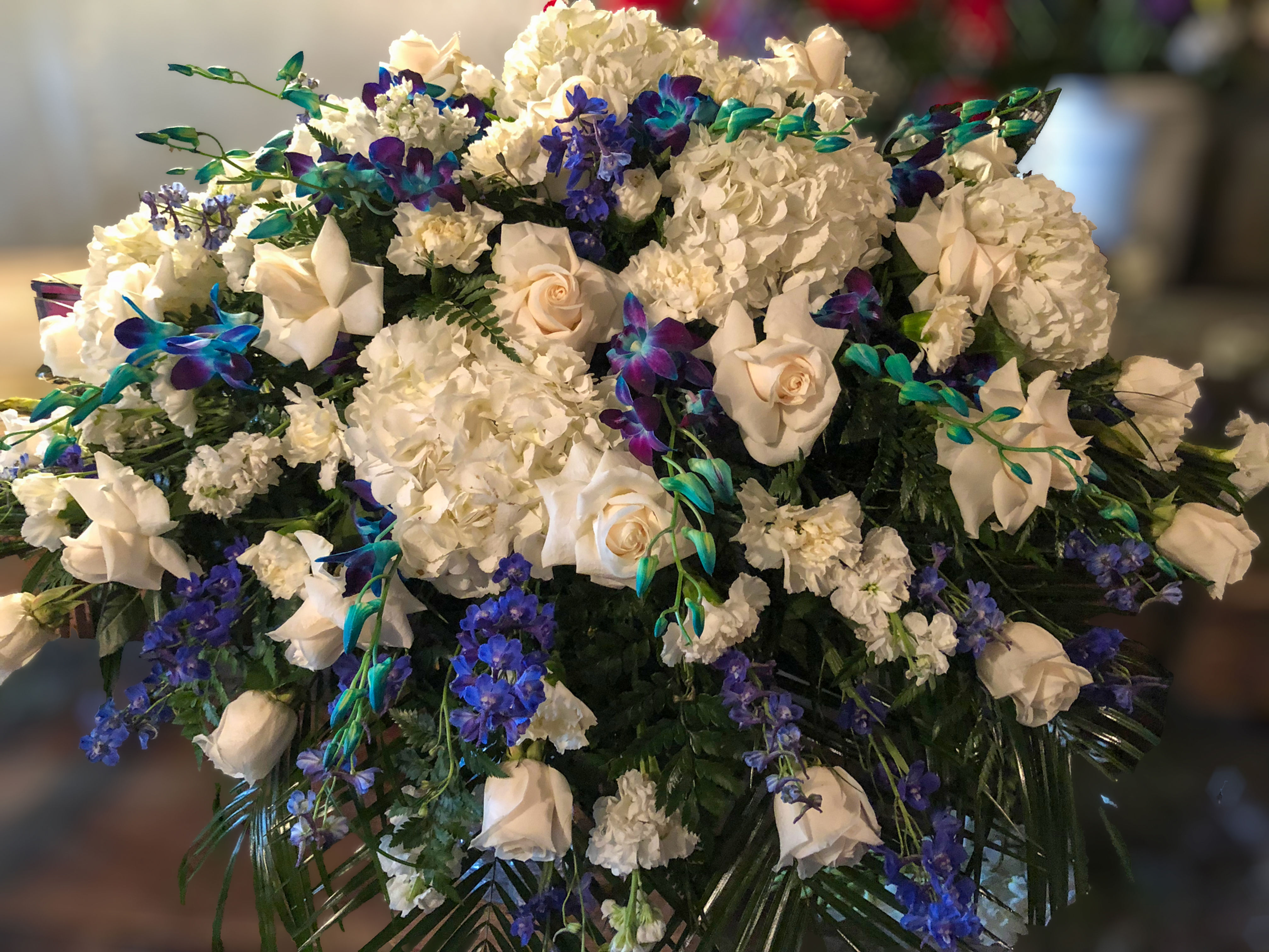 Serenity Blue and White Casket Spray