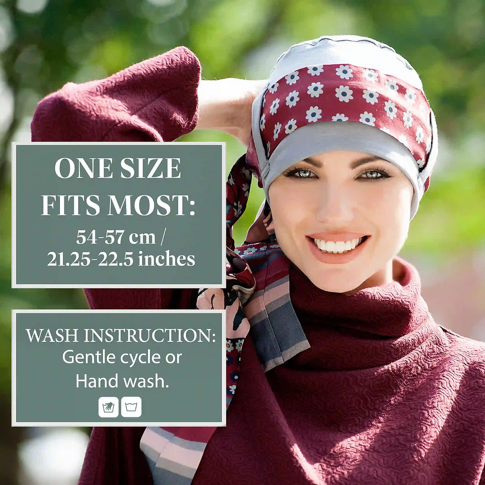 Thumbnail: Yanna Grey Maroon Fiori Bamboo Easy-Tie Chemo Headscarf sizing 54 to 57cm
