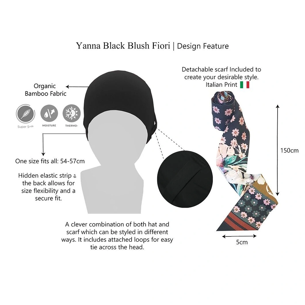 Thumbnail: Yanna Black Blush Fiori Bamboo Easy-Tie Chemo Headscarf design features