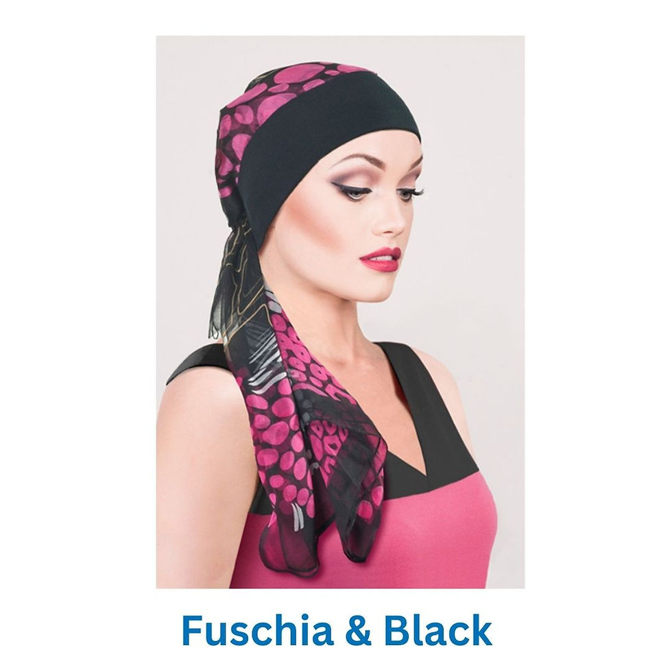 Thumbnail: black and fuschia tied silk scarf with soft stretch black band