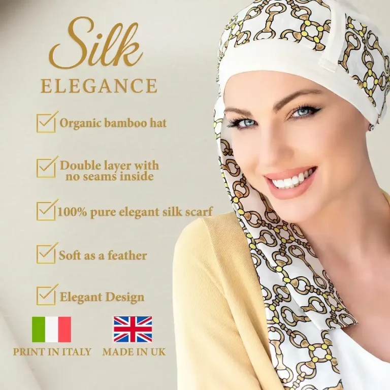 Thumbnail: Yanna Silk White Golden Chain Easy-Tie Chemo Headscarf