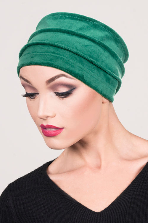forest green coloured panelled chemo hat in elegant velour material