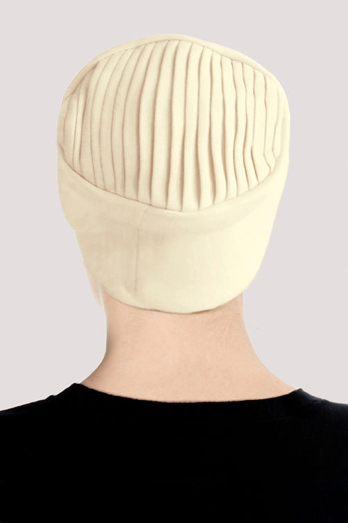 cream chemo hat with soft pleated top rear view