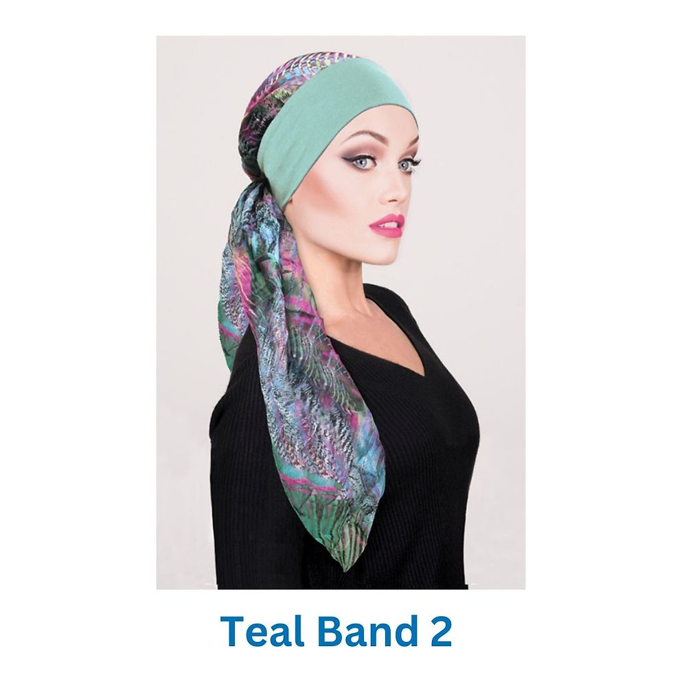 Thumbnail: green patterned silk head scarf with an teal head band