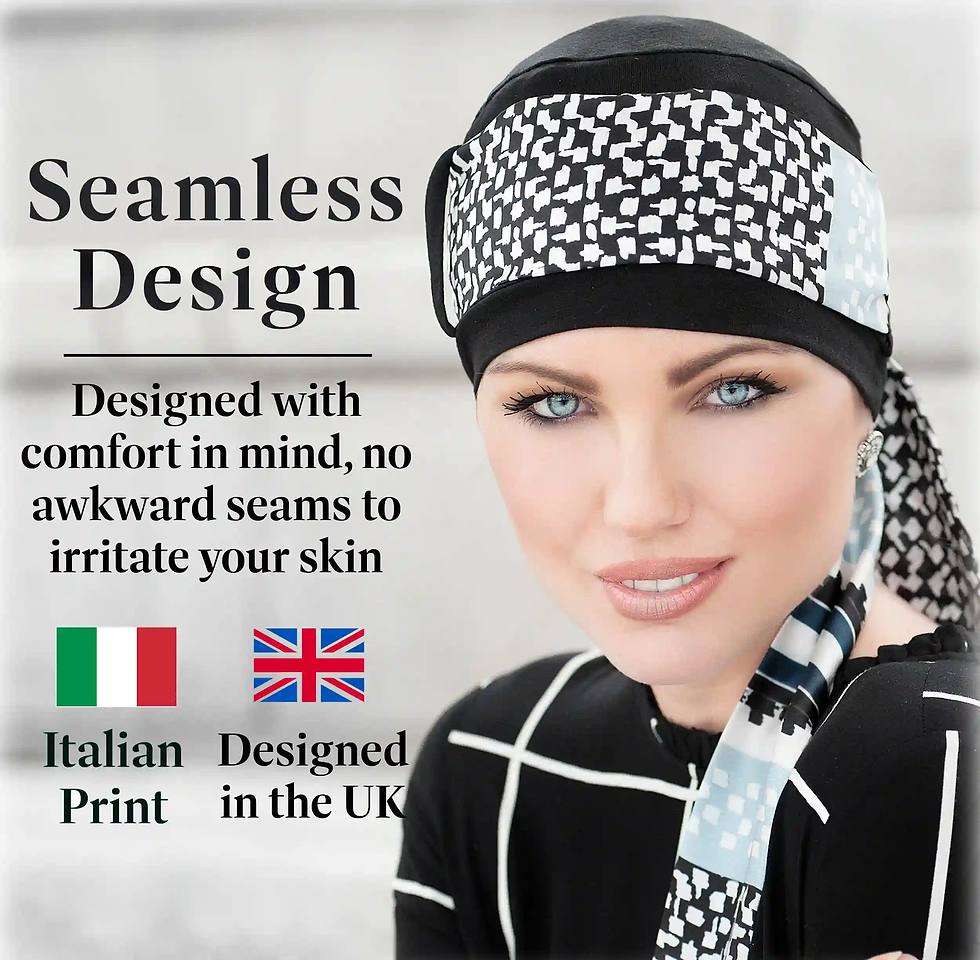 Thumbnail: black and white band midnight pearl headscarf for chemo Italian print UK design