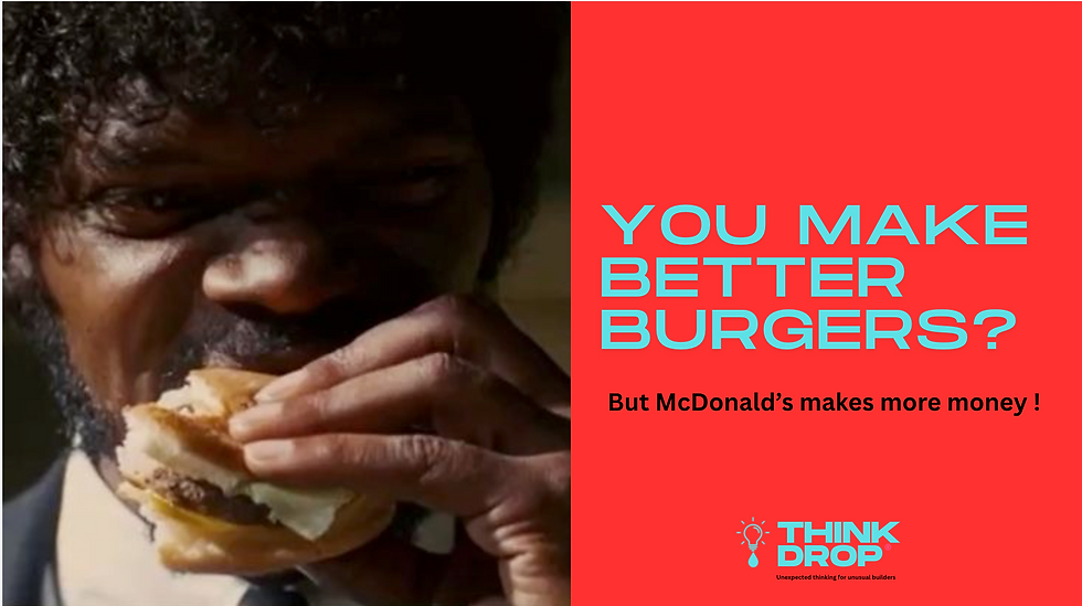 A man biting into a burger next to the headline: You make better burgers? But McDonald's makes more money! THINKDROP