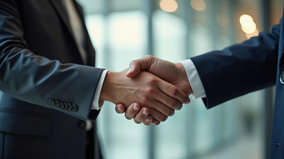 Close-up view of a handshake between two business professionals in an office