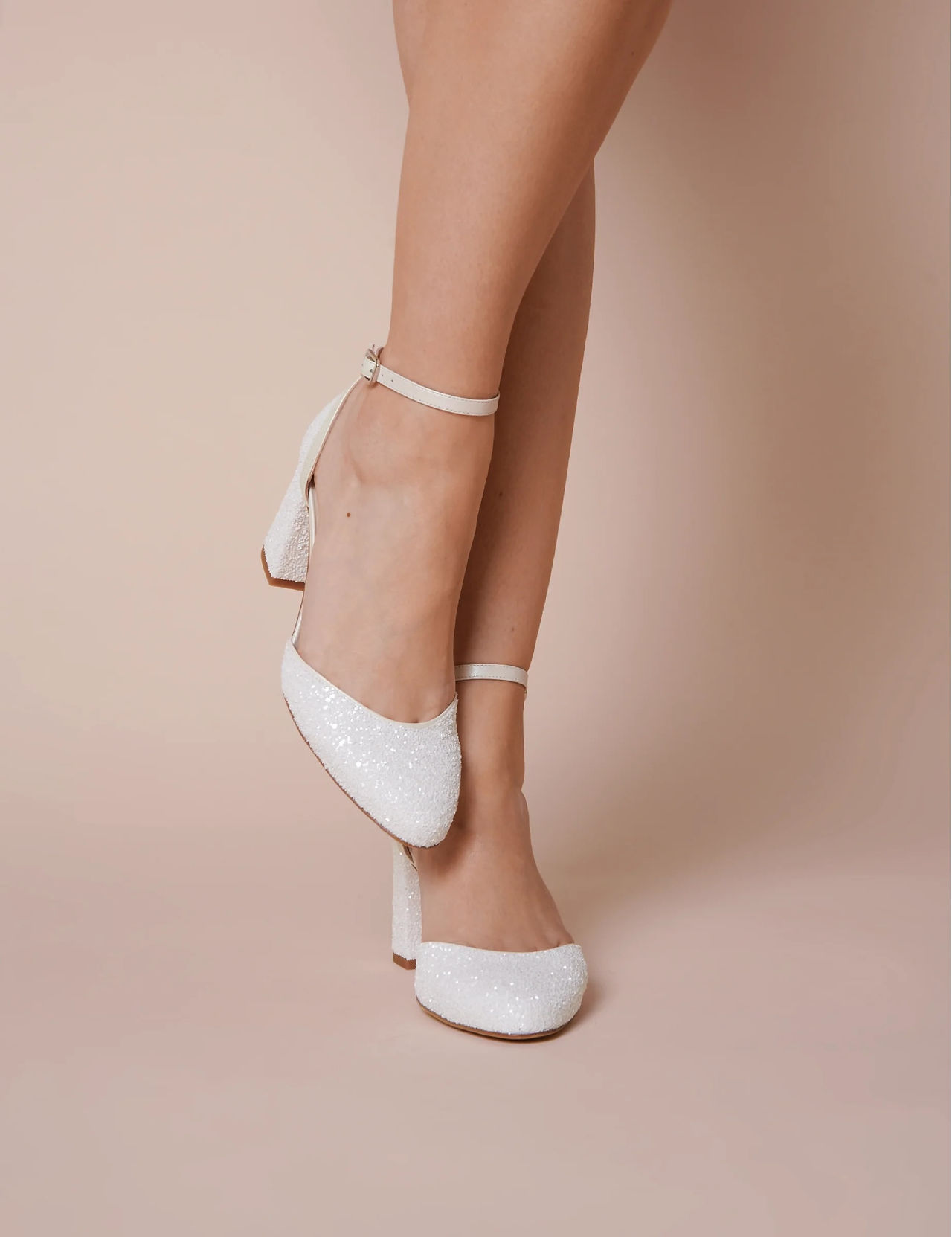 Charlotte Mills Jazzy crushed pearl glitter almond toe bridal shoes with block heel and ankle strap.