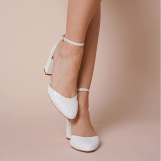  Charlotte Mills Jazzy crushed pearl glitter almond toe bridal shoes with block heel and ankle strap.