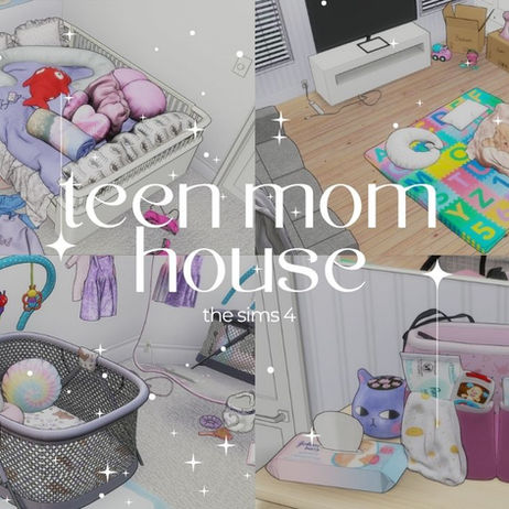 Sims 4 Teen Single Mom House front exterior by LaSkrillz”  “Interior view of teen single mom house Sims 4 build