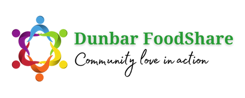 Logo and tagline for Dunbar, East Lothian, food and basics bank. "Dunbar Foodshare, community love in action"