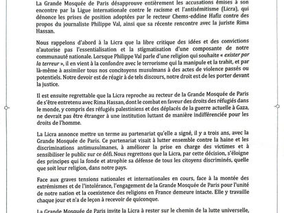 Communiqué - Après des accusations à son encontre, la Grande Mosquée de Paris appelle la Licra à rester sur le chemin de la lutte universelle contre toute forme de haine et de racisme