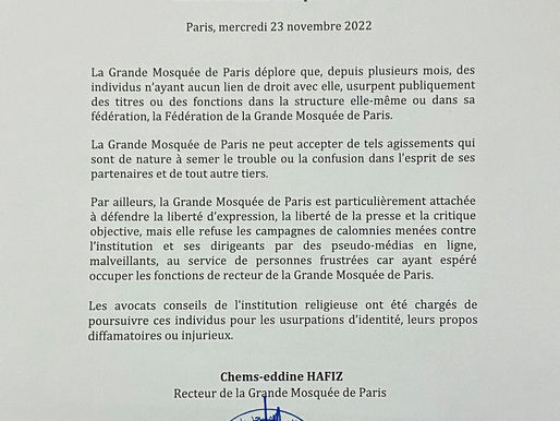 Communiqué - Usurpations et calomnies contre la Grande Mosquée de Paris