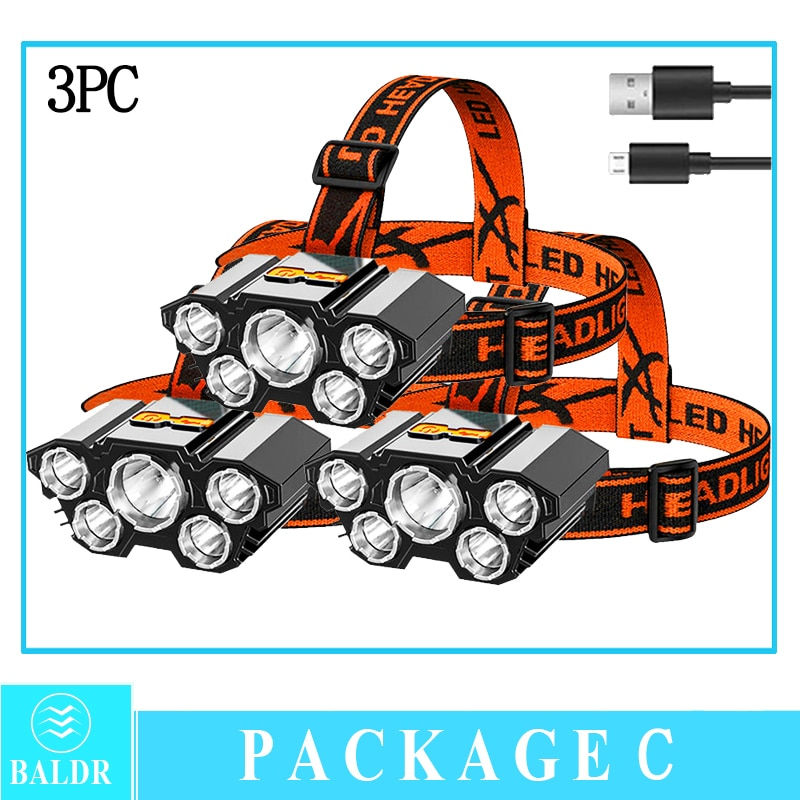 Thumbnail: USB Rechargeable Headlamp Portable 5LED Headlight Built in Battery
