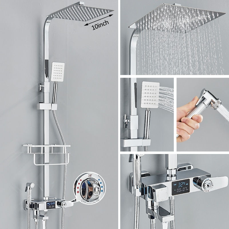 Thumbnail: Black Digital Display Thermostatic Shower Faucets Rainfall Shower Thermostatic 