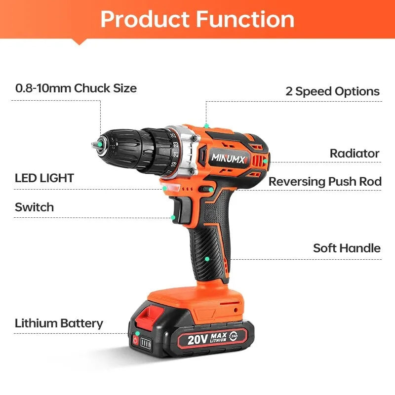 Thumbnail: MINUMX 20V Cordless Drill 40N.m 25 Plus 1 Electric Screwdriver Keyless 