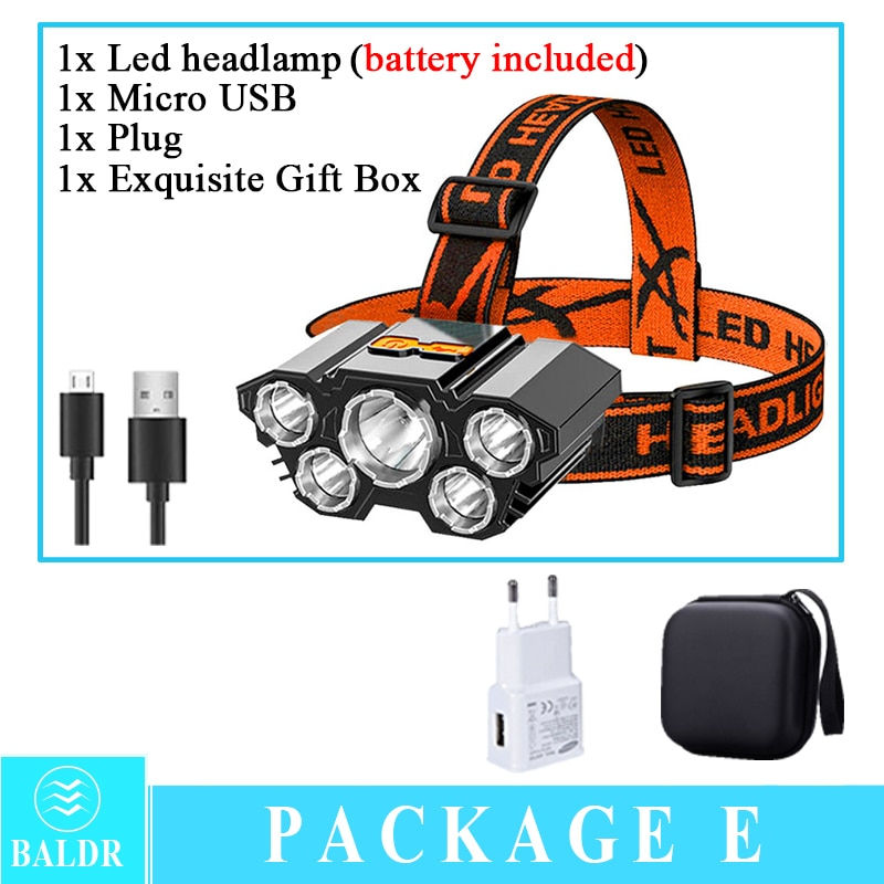 Thumbnail: USB Rechargeable Headlamp Portable 5LED Headlight Built in Battery