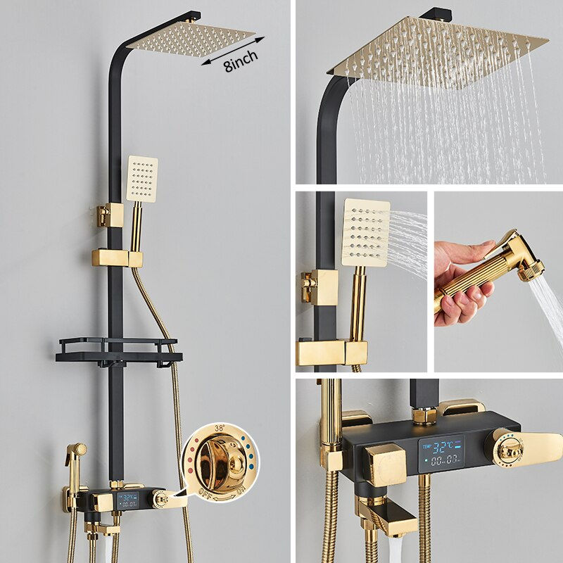 Thumbnail: Black Digital Display Thermostatic Shower Faucets Rainfall Shower Thermostatic 