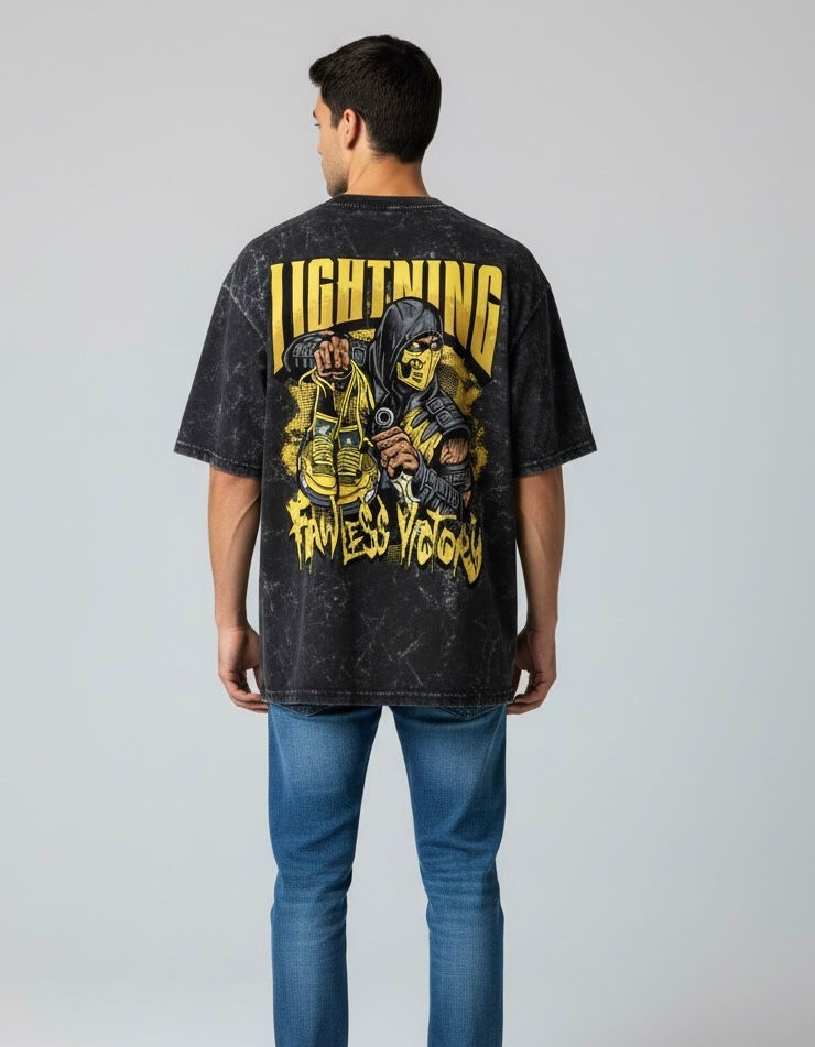 “Lightning Flawless Victory?” Oversized Acid Wash T-Shirt – Black