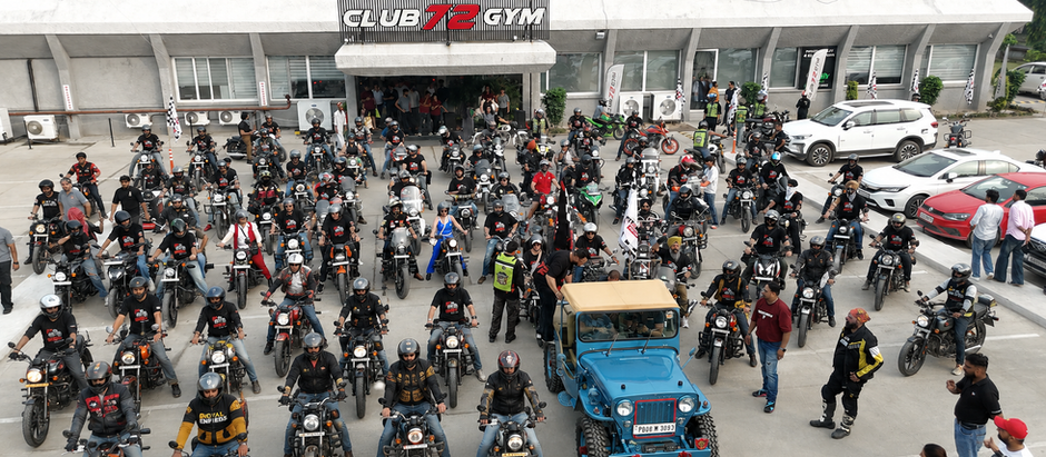 Bikers gathered on motorcycles outside Club 72 Gym Mohali for the first bike rally event