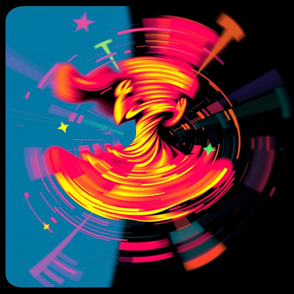 Vibrant abstract artwork of swirling red and yellow shapes on black and blue background with stars.