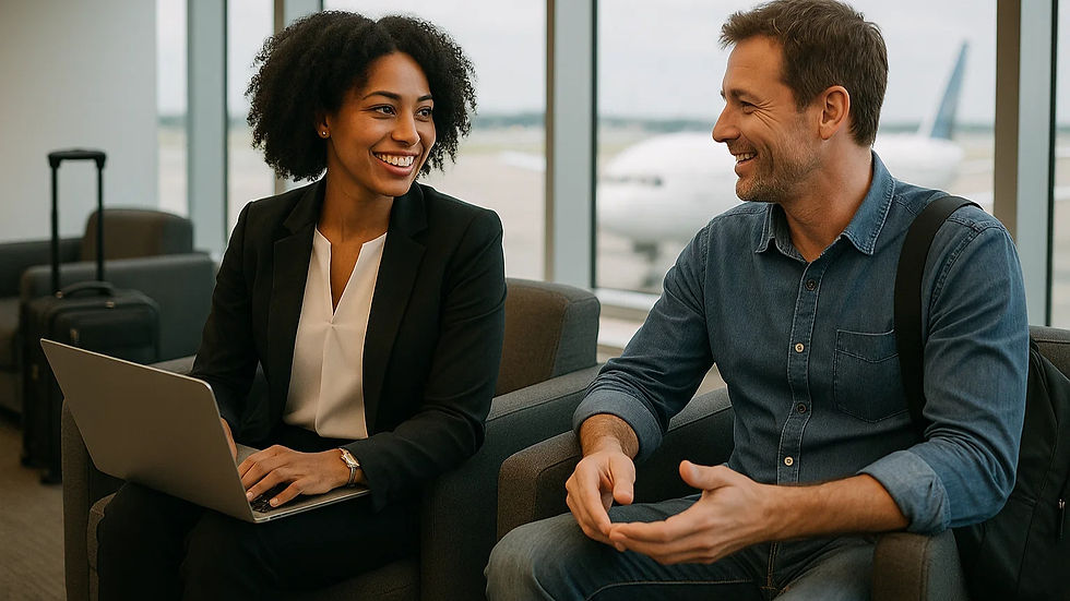 Man and woman talking in an airport lounge connected through POOLit Connect