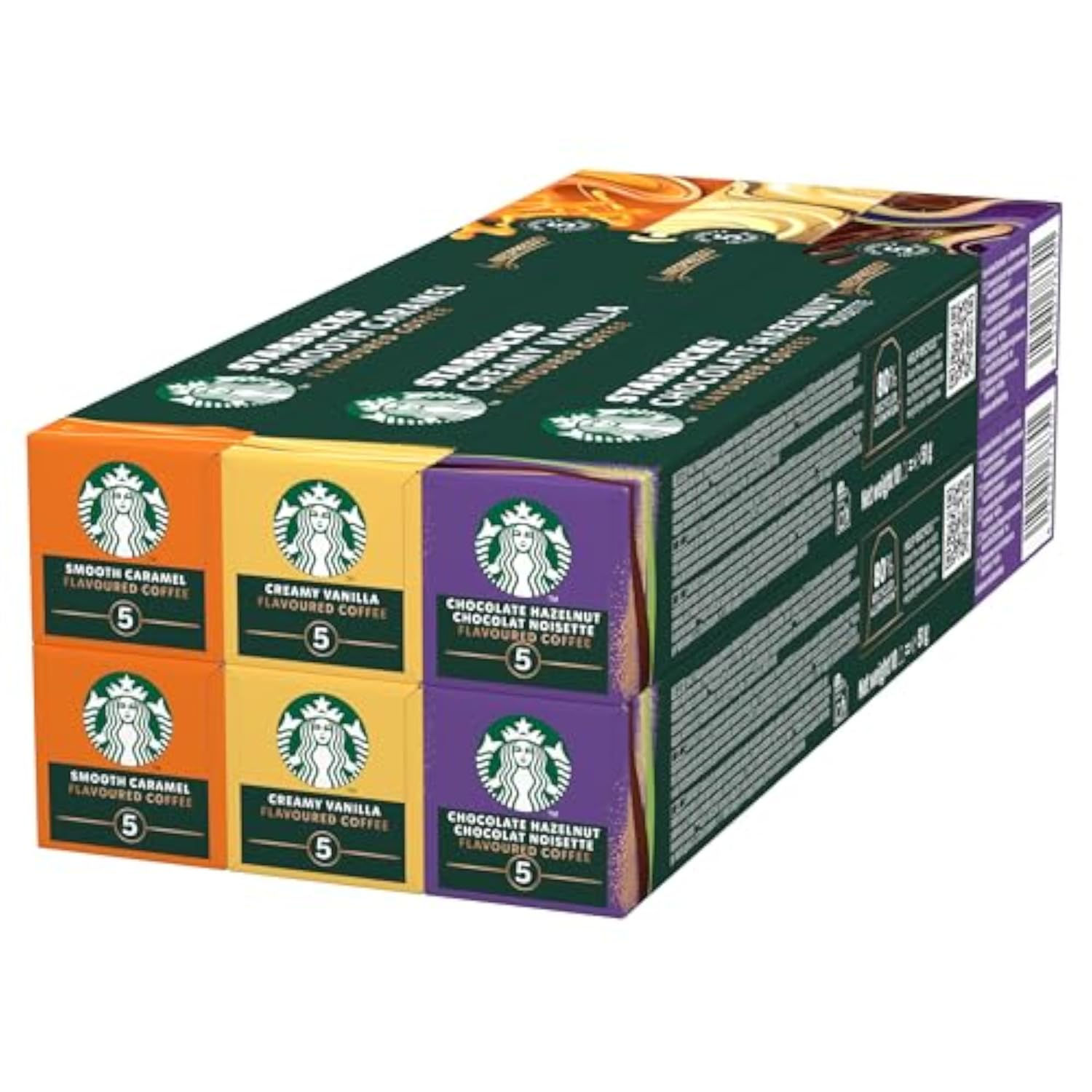 Assortiment de 6 boîtes de capsules Starbucks Nespresso aromatisées.