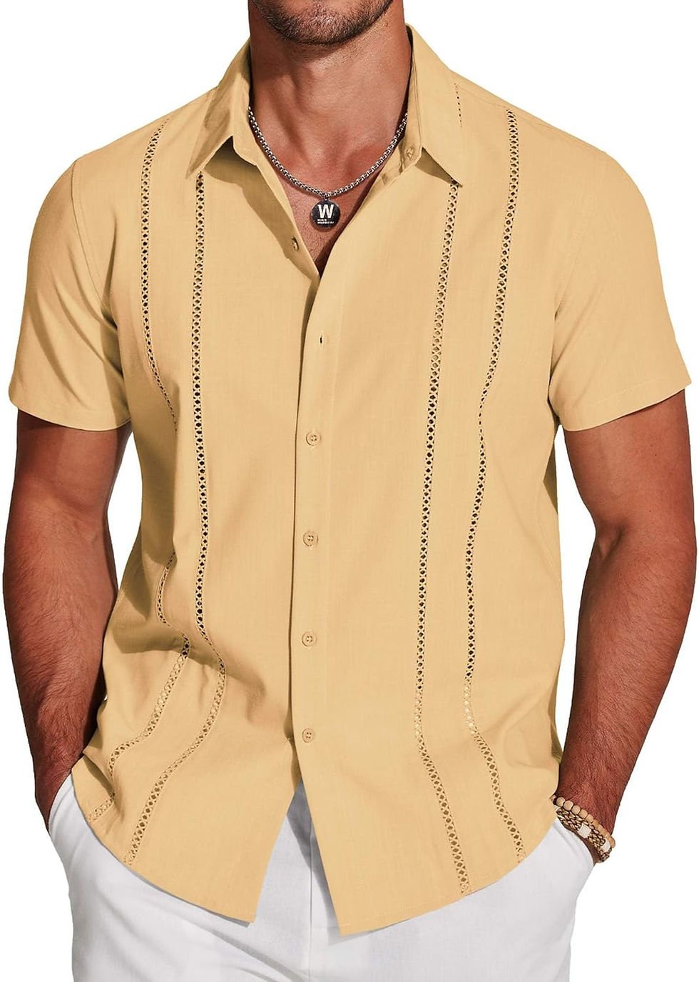 Miniature : Chemise homme beige à manches courtes avec coutures verticales