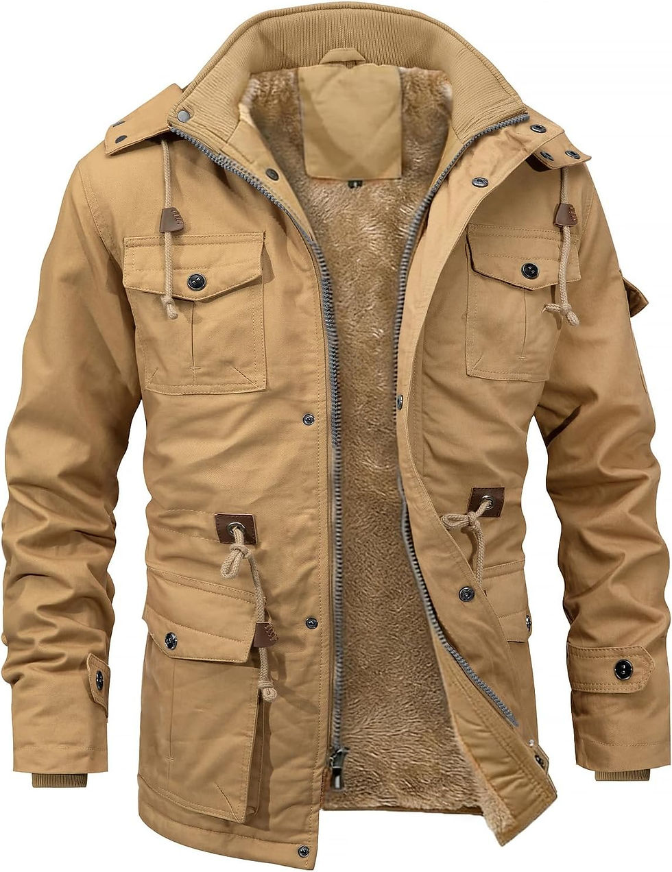 Manteau cargo militaire INVACHI beige à capuche doublée.