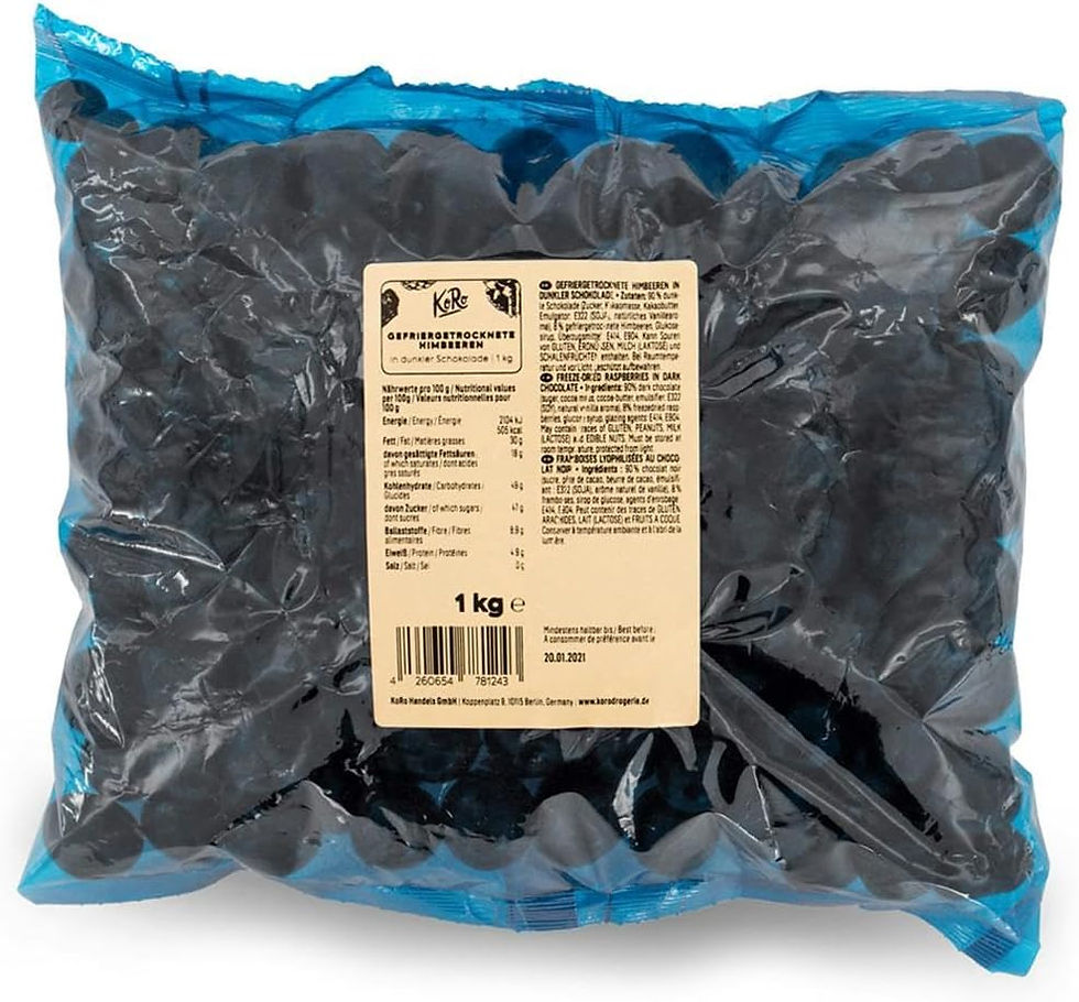 Thumbnail: Paquet de 1 kg de framboises lyophilisées KoRo au chocolat noir.