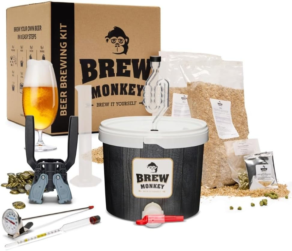 Kit de brassage bière blonde Brew Monkey 5L avec seau et ingrédients.
