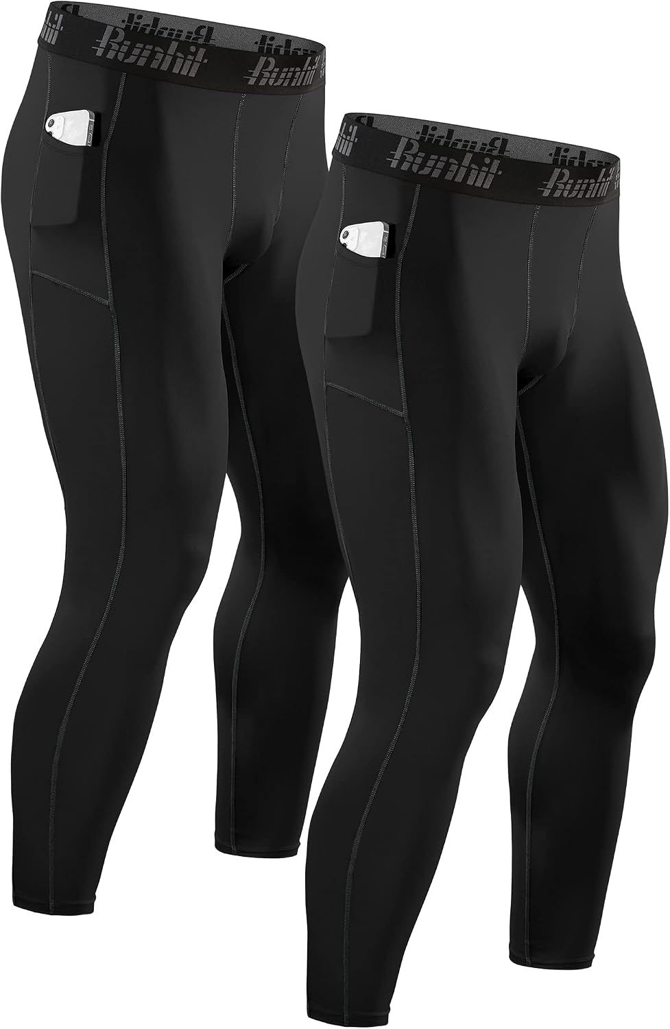 Deux leggings Runhit noirs pour homme avec poches latérales.