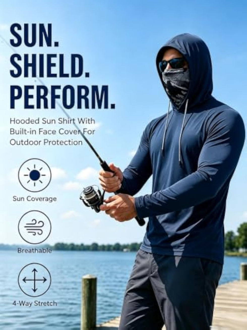 Miniature : Homme pêchant avec un sweat à capuche anti-UV et masque.