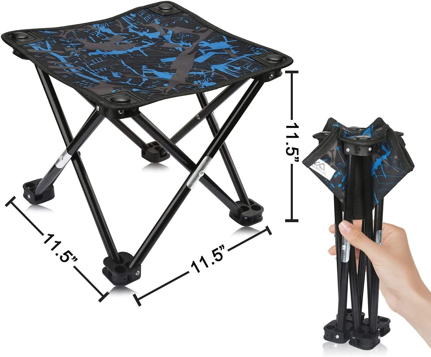 Petit tabouret de camping pliant bleu et noir de 29 cm.