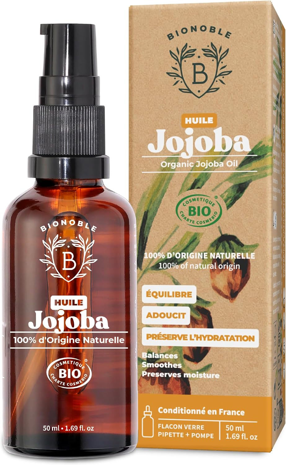 Miniature : Flacon de 50ml et boîte d'huile de Jojoba bio Bionoble.