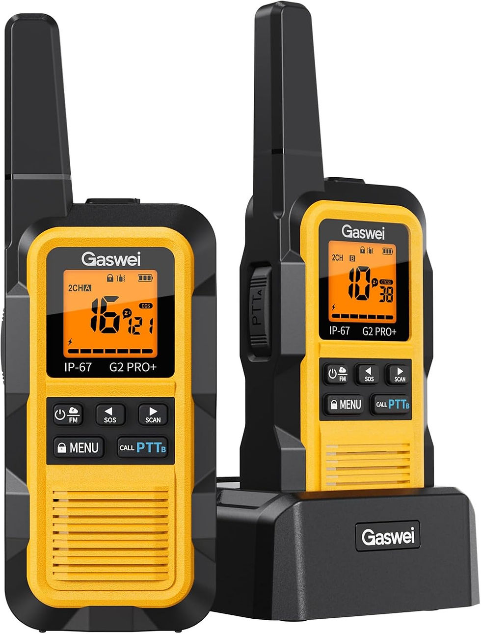 Deux Gaswei G2Pro+ talkies-walkies PMR 446 sur leur socle