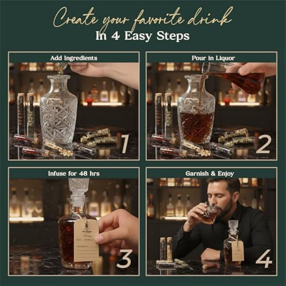 Miniature : Étapes d'infusion de boisson: ajouter ingrédients, verser alcool, infuser 48h, déguster.