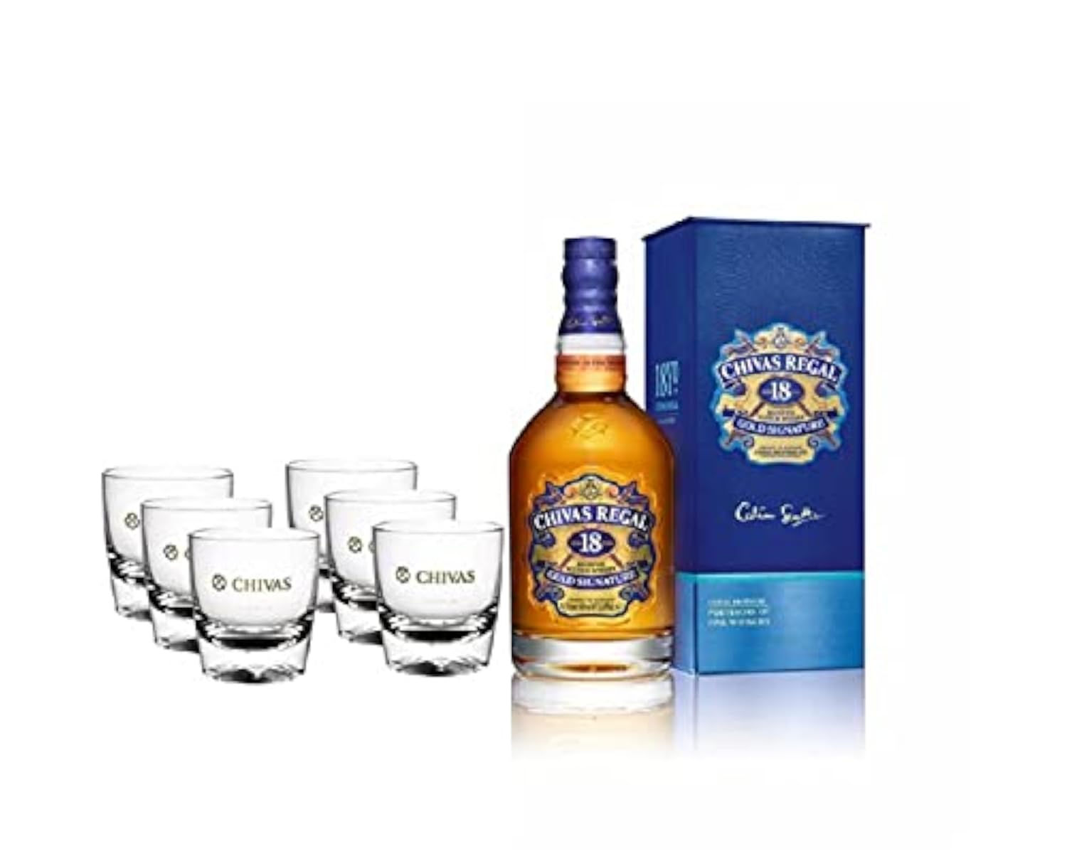 Coffret Chivas Regal 18 ans avec 6 verres à whisky.