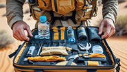 Personne ouvrant un kit de survie dans le désert