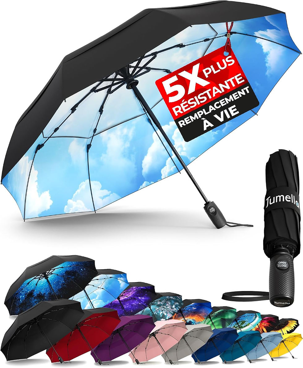 Parapluie Tumella ouvert avec motif ciel bleu et 5X plus résistant.