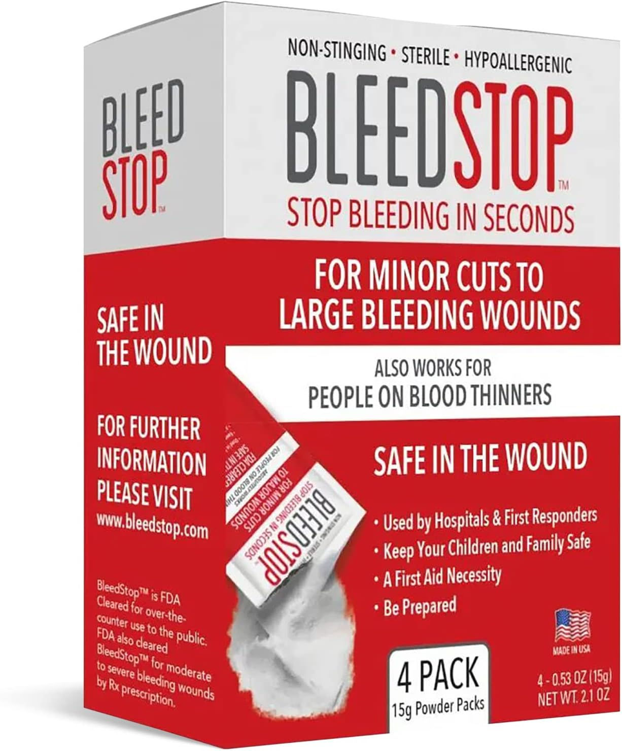 Boîte de poudre hémostatique BleedStop pour plaies.