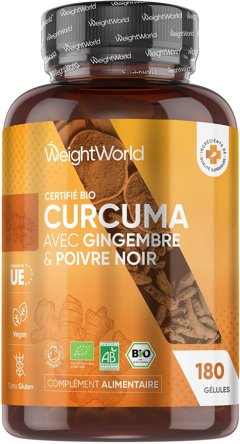 Flacon de Curcuma Bio avec Gingembre et Poivre Noir WeightWorld.