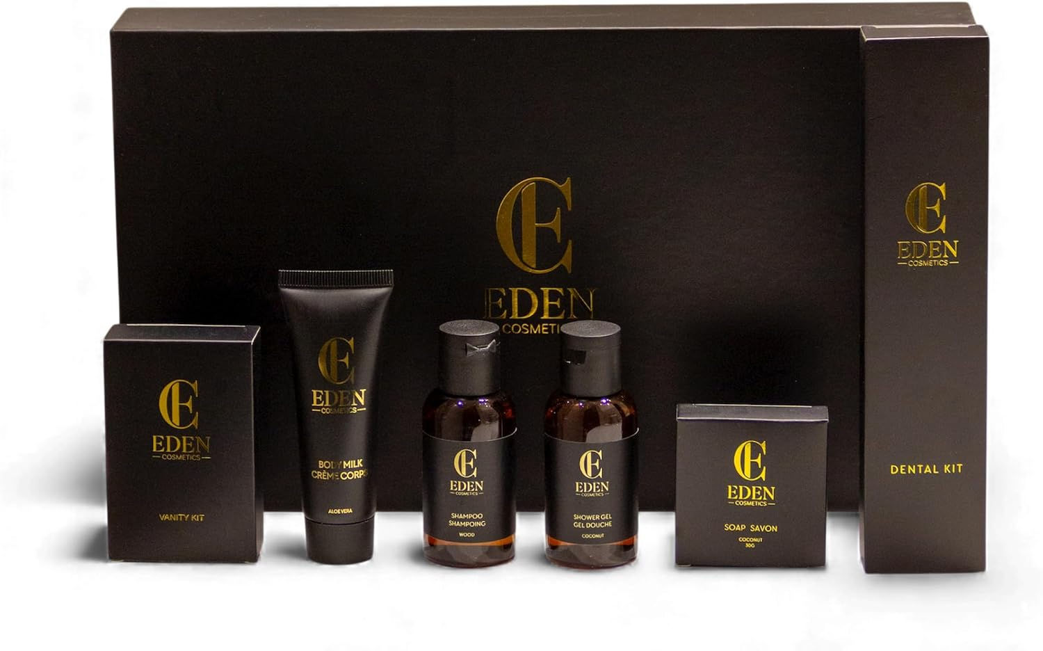 Kit de salle de bain de luxe Eden Cosmetics noir et or